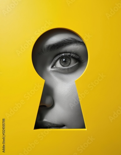Attentive female eye looks into keyhole on yellow background. Conceptual contemporary art collage. Concept of creativity, mystery, surrealism, abstract. Social graphic design for banner, poster,