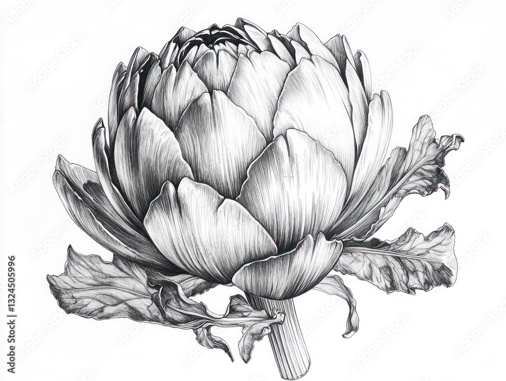 Obraz premium Artichoke drawing, botanical illustration, close-up, white background, kitchen decor