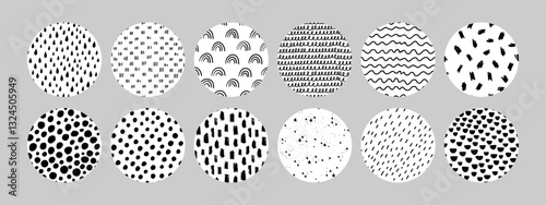 Cute set of doodle texture circles with rainbows, wavy lines, drops, small dashes, and dots. Perfect for design, packaging, scrapbooking, kids projects, and creative ideas. Vector illustration