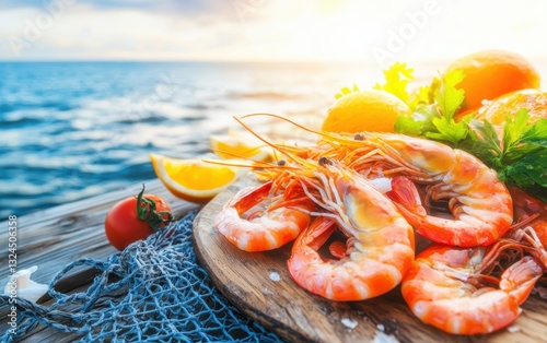 Shrimp shells scattered on a table, with a sea view and a net, orange in a coastal seafood feast remnant moment photo