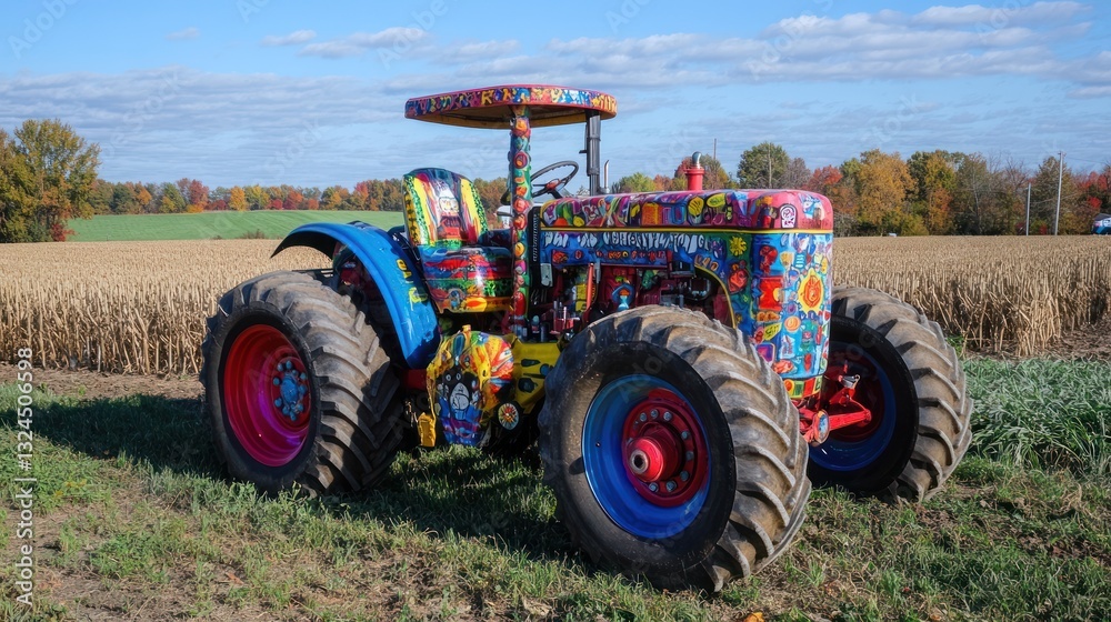 Obraz premium Colorful decorated tractor in autumn field.