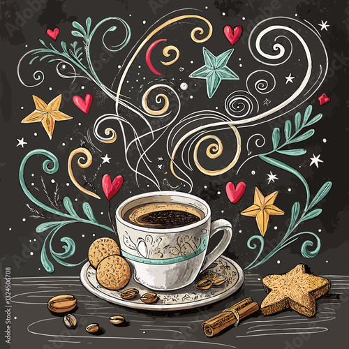 Whimsical coffee cup illustration with stars, hearts, and cookies in colorful chalk-style art
