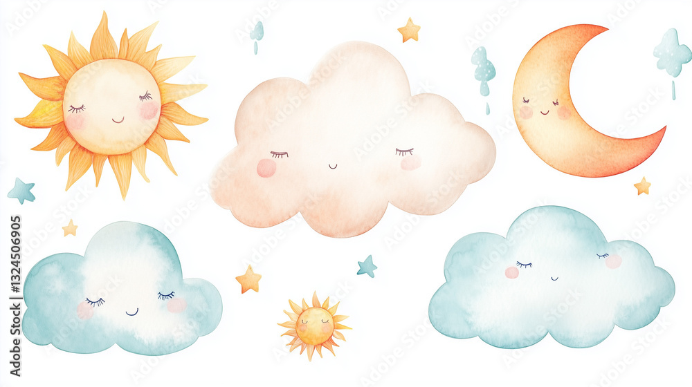 Heartwarming Watercolor Illustrations of Sun, Moon, and Clouds Heartwarming Watercolor Illustrations of Sun, Moon, and Clouds