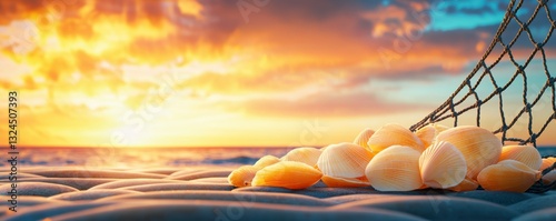 Shrimp shells on a table, with a sea view and a net, orange in a seafood feast remnant moment