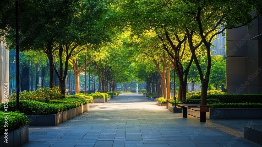 clean public outdoor space with neat walkways and trimmed trees, promoting cleanliness in urban environments
