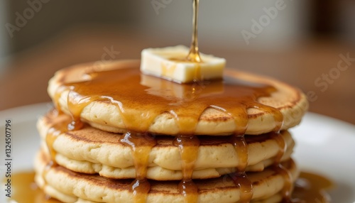 The stack of fluffy pancakes is dripping with syrup and topped with a dollop of melted butter, creating a sweet and indulgent treat that tantalizes the taste buds.
