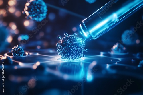 A futuristic close-up of a high-powered laser scanning nanoparticles in a sterile lab environment
