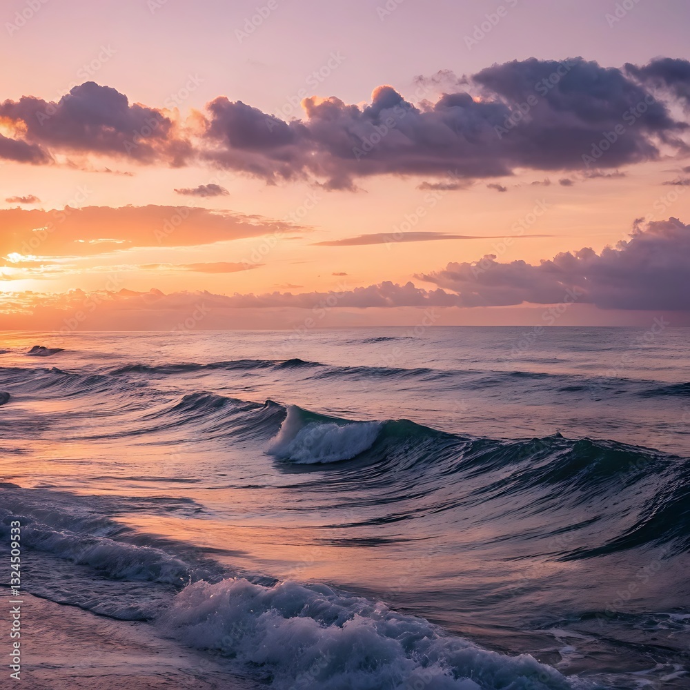 Fototapeta premium Serene Ocean Sunset/Sunrise: Warm Light, Gentle Waves, and Colorful Sky Reflecting Shimmering Blue-Green Water - Coastal Beauty Photography..
