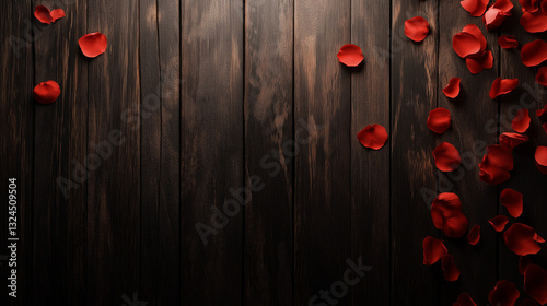 Dark Textured Wooden Surface Elegantly Decorated with Vibrant Red Rose Petals