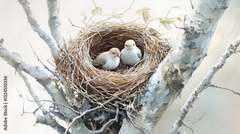 Obraz premium Bird in nest on tree in Spring.