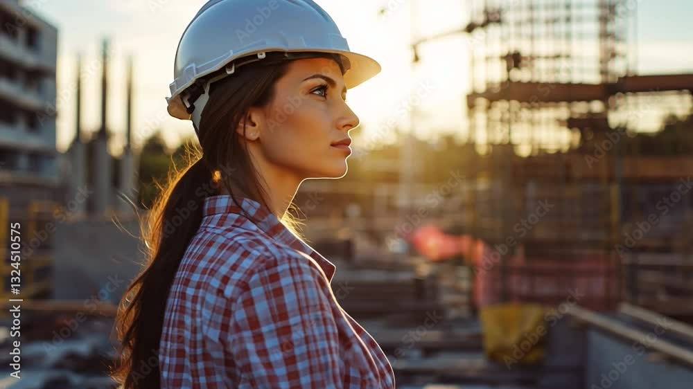 Woman Architect at Construction Site: A determined female architect stands confidently on a bustling construction site, dressed in a hard hat. Woman Architect at Construction Site: A determined female architect stands confidently on a bustling construction site, dressed in a hard hat.