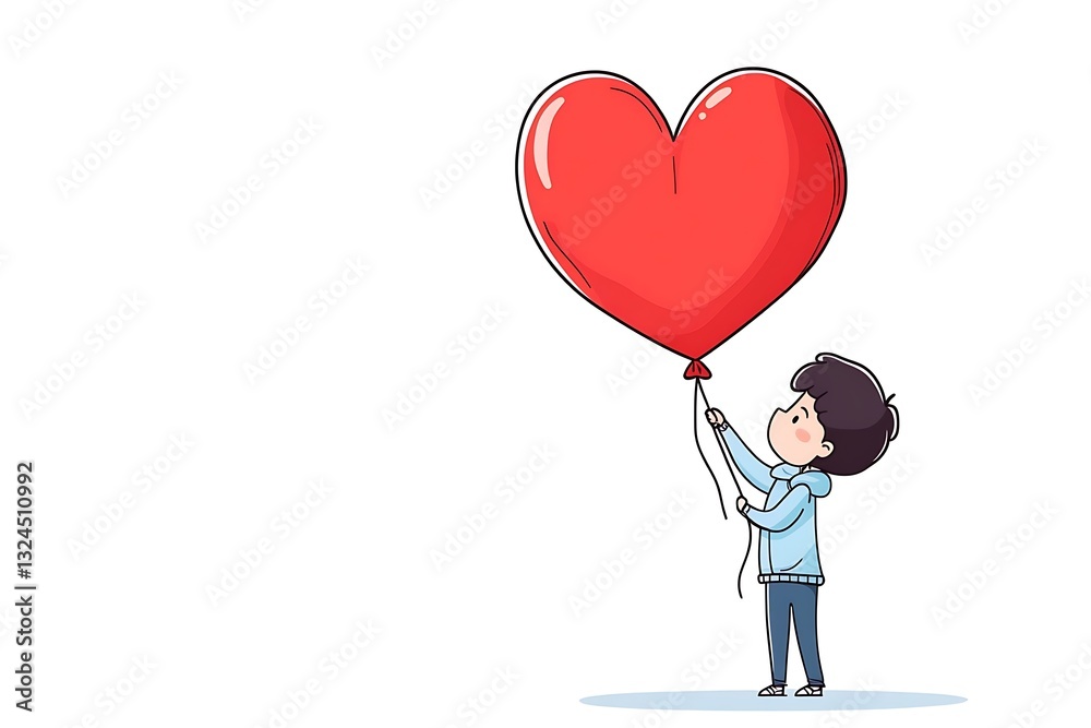 Boy holds heart balloon, white background, Valentine's card design Boy holds heart balloon, white background, Valentine's card design