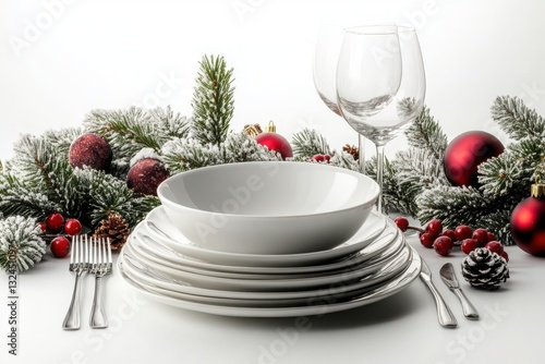 Christmas dinner set isolated on a white background for elegant and festive holiday-themed table setting designs