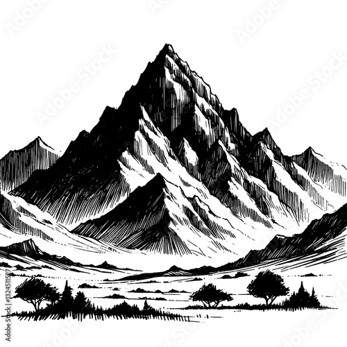 Majestic mountain peak surrounded by lush green valleys. drawing line art of mountain ink sketch vector hand drawn illustration background
