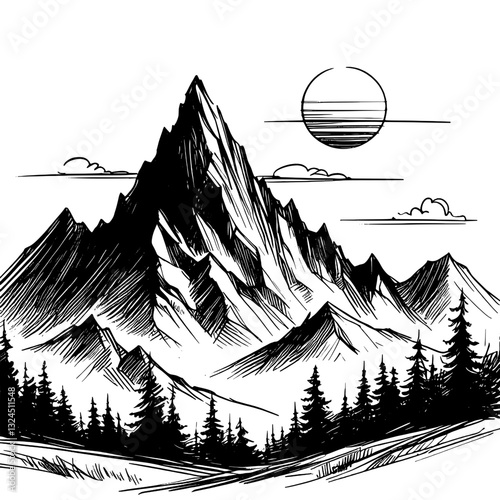Sunset casting golden hues over a rugged mountain range drawing line art of mountain ink sketch vector hand drawn illustration background