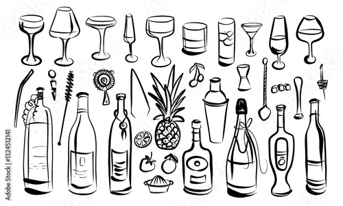 CocktailDoodles, hand drawn botles, glasses, alcoholic cocktails and soft drinks. Vector illustration isolated on white background, martini bar menu design. Party time clipart for birthday or holidays