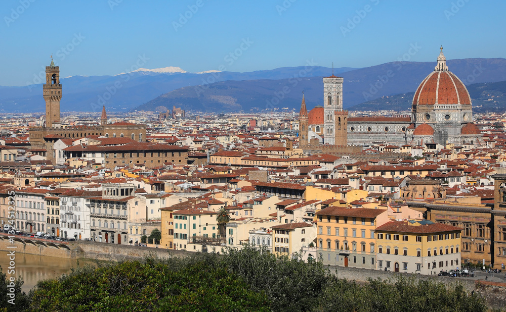 Panoramic view of the city of Florence in Italy with famous landmarks including Palazzo della Signoria and the Duomo with the dome of Brunelleschi captures the essence of Renaissance artistry Panoramic view of the city of Florence in Italy with famous landmarks including Palazzo della Signoria and the Duomo with the dome of Brunelleschi captures the essence of Renaissance artistry