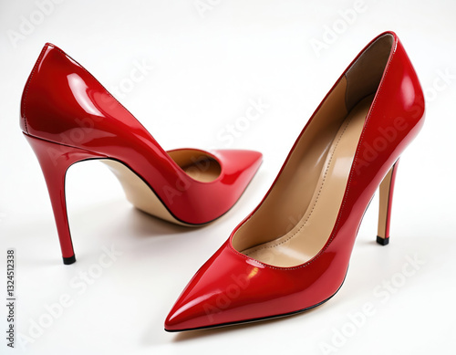 Pair of shiny red high heel shoes isolated on white. Elegant stiletto footwear for woman. Leather fashion accessories, glamour style, beauty concept, stylish outfit. High-heeled court shoe for