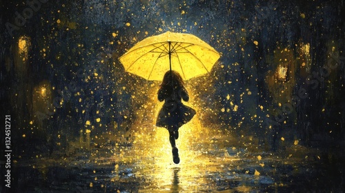Girl joyfully leaps under yellow umbrella in rain.