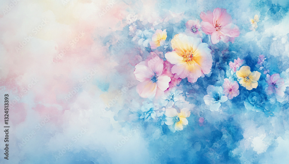 Obraz premium Dreamy Watercolor Floral Background – Soft Pastel Flowers and Clouds