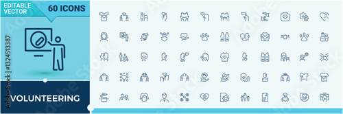 Volunteering linear icon collection. Containing humanitarian, donation, charity, volunteer, donate, unity, help and more. Expanded stroke. Humanitarian icons set. Vector outline icons collection.