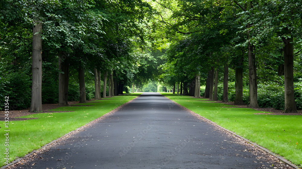 Long Asphalt Path Lined With Green Trees And Lush Grass Under Bright Daylight Long Asphalt Path Lined With Green Trees And Lush Grass Under Bright Daylight