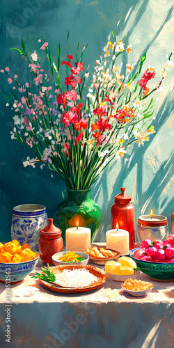 Traditional Nowruz Table With Fresh Flowers, Festive Persian Dishes, Candles, And Ornate Ceramics, Celebrating Persian New Year, Cultural Heritage, Holiday Celebration, Festive Atmosphere, Seasonal 