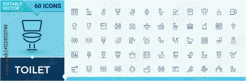 Toilet line icons set. Related to washroom, bathroom, plumbing and more. Outline symbol collection. Bath icons set in linear style. Conceptual pictogram and infographic.