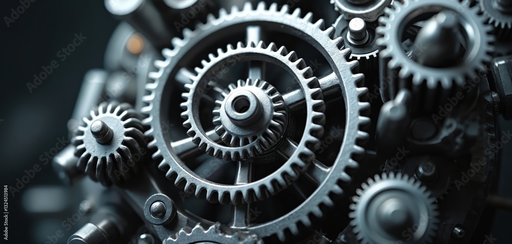 Close-up of gears, cogs mechanism in industrial machine, engine. Shiny metal parts, cogwheels connected by rotating system. Engineering technical metallic detail of manufacturing production automatic Close-up of gears, cogs mechanism in industrial machine, engine. Shiny metal parts, cogwheels connected by rotating system. Engineering technical metallic detail of manufacturing production automatic