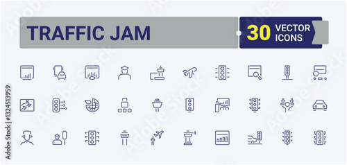 Traffic Jam icon set. Includes symbols for transport, jam, way, road, traffic and more. Traffic vector icon set. Editable stroke icon collections.