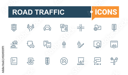 Road Traffic icons set. Includes thin line pedestrian, traffic, transport, road, city. Traffic linear icon collection. Outline icon collection. Vector illustration in modern line style.