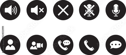 Phone calling icon set. Streaming icon set. Video call buttons set. Collection of internet conversation buttons. Camera, handset, microphone, speaker, message, and profile vector
