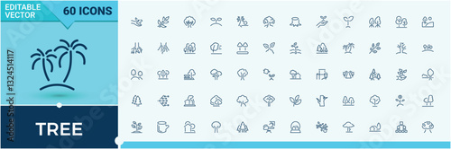 Tree icon collection. Contain linear sign ecology, garden, landscape, plant, botany, nature. Set of line pictogram. Evergreen vector line icon set. Collection of simple line web icons.