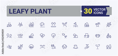 Leafy Plant icons set in linear style. Includes symbols for landscape, plant, evergreen, tree, leaf, garden and more. Tree icons set. Pixel perfect. Minimalistic linear icons.