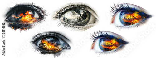 Set of surreal eyes reflecting apocalyptic and dystopian landscapes, isolated on transparent background