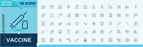 Set of Vaccine line icons. Pack of healthcare, medical, vaccination, health, medicine, clinic, immune. Outline icon collection. Bacterial icon set. Vector icon and illustration.