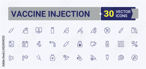 Vaccine Injection modern icons. Includes symbols for health, drug, dose, vaccine, immune and more. Vaccine icon set. Outline icon collection. Editable vector icon.