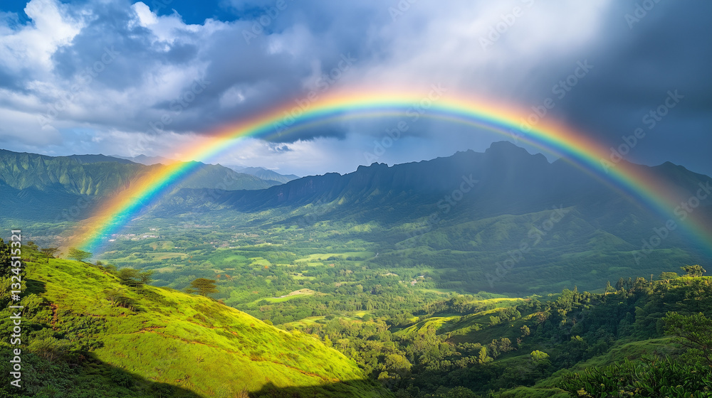 Rainbow Arches Over Lush Valley Beneath Cloudy Sky in Hawaii Rainbow Arches Over Lush Valley Beneath Cloudy Sky in Hawaii