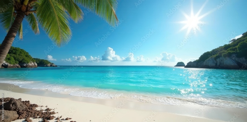 Naklejka premium Bright sun shines on idyllic beach and turquoise sea panorama, day, sand, bright