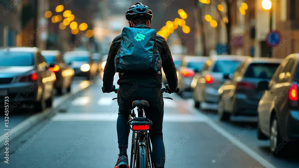 Food Delivery Cyclist Navigating a Busy City Street at Dusk with Illuminated Backpack and Traffic Lights in the Background