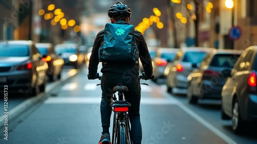 Food Delivery Cyclist Navigating a Busy City Street at Dusk with Illuminated Backpack and Traffic Lights in the Background