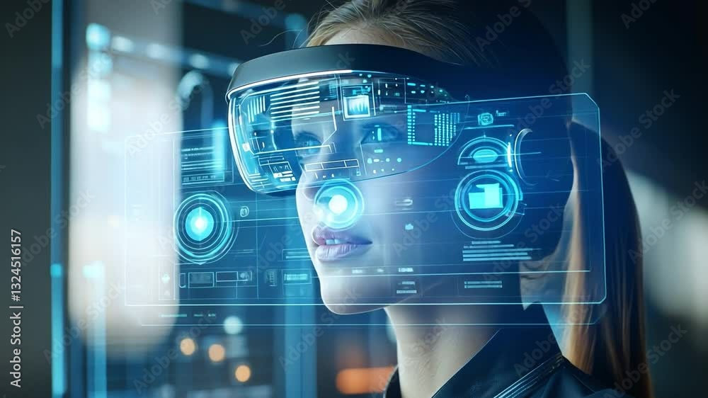 Immersive Future: A woman wearing futuristic augmented reality glasses ...