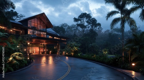 Tropical resort entrance at dusk, rain, modern architecture