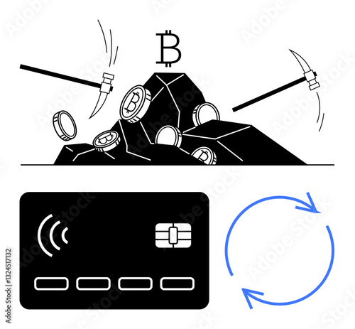 Mining picks extracting Bitcoin from rocks, coins falling into a pile, payment card with arrows indicating transaction. Ideal for cryptocurrency, mining, blockchain, digital finance, fintech, data