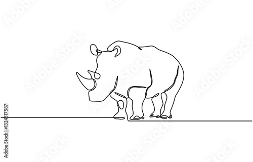 Rhino in continuous one line drawing. Rhinoceros single contour animal, Continuous One Line Drawing of Rhinoceros. Single Line Drawing Illustration of Rhinoceros.