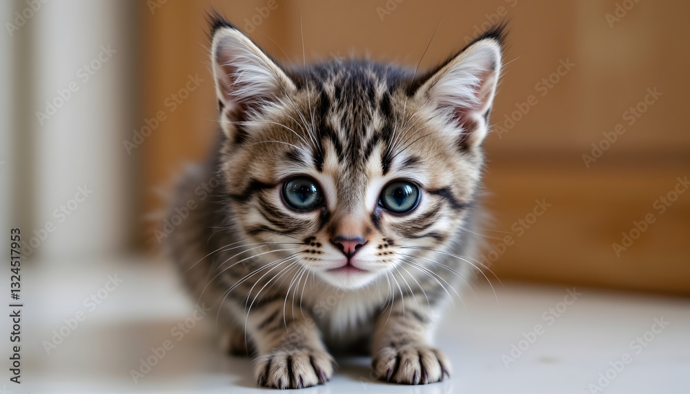 The adorable kitten has glossy fur and big bright eyes as it sits poised on the table, gazing straight into the camera with an expression of curiosity and innocence. The adorable kitten has glossy fur and big bright eyes as it sits poised on the table, gazing straight into the camera with an expression of curiosity and innocence.