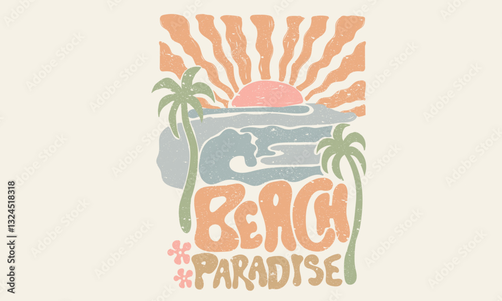 Fototapeta premium Palm tree artwork. Beach wave. Beach paradise surf club. Modern art. Summer retro graphic print design. Beach vibes with board print design. Hand sketch beach vector design.