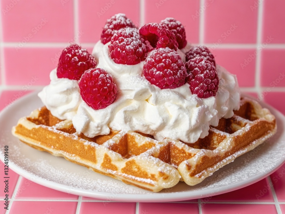Waffle with Whipped Cream and Raspberries Waffle with Whipped Cream and Raspberries