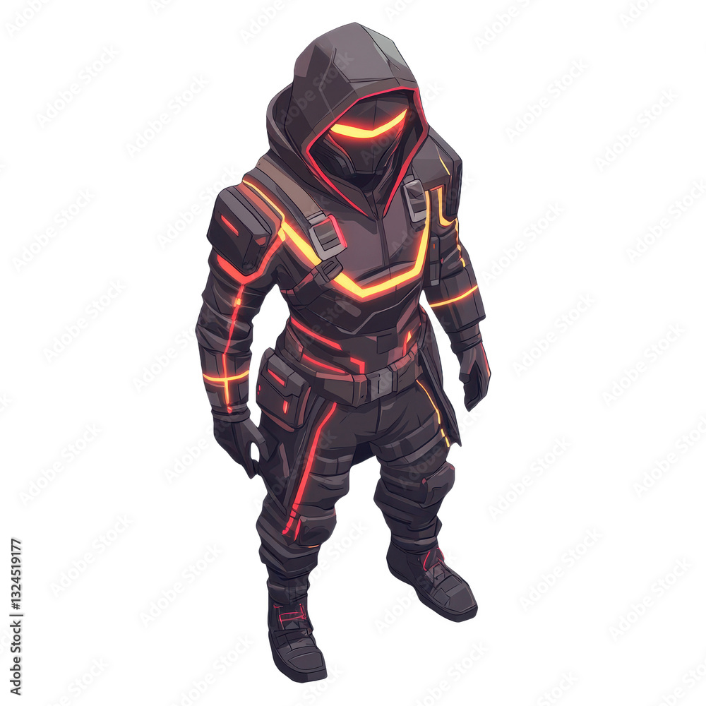 Futuristic Neon Armor Character in Hood: A Cyberpunk Warrior Ready for Battle with Glowing Tech Suit and Helmet for Digital Warfare and Stealth Missions Futuristic Neon Armor Character in Hood: A Cyberpunk Warrior Ready for Battle with Glowing Tech Suit and Helmet for Digital Warfare and Stealth Missions