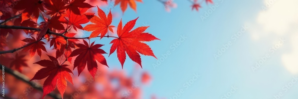 Crimson red maple leaves cluster on branches against a clear autumn sky, image, texture Crimson red maple leaves cluster on branches against a clear autumn sky, image, texture